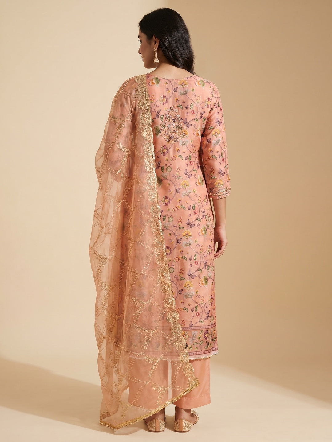 Peach Floral Digital Printed With Hand Embroidery Organza Dress Material - Image 2