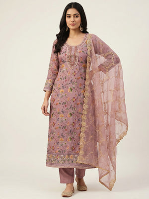 Mauve Floral Digital Printed With Hand Embroidery Organza Dress Material - Image 1