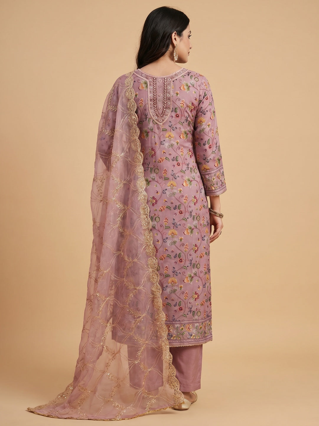Mauve Floral Digital Printed With Hand Embroidery Organza Dress Material - Image 3