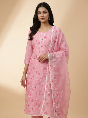 Pink Floral Embroidered Chanderi Silk Dress Material - Image 1