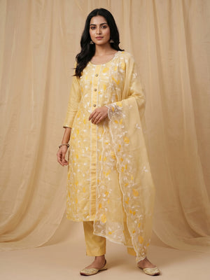 Yellow Floral Embroidered Chanderi Silk Dress Material - Image 1