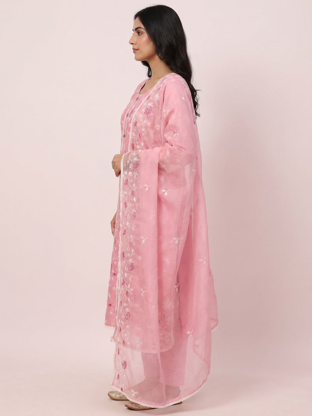 Pink Floral Embroidered Chanderi Silk Dress Material - Image 2