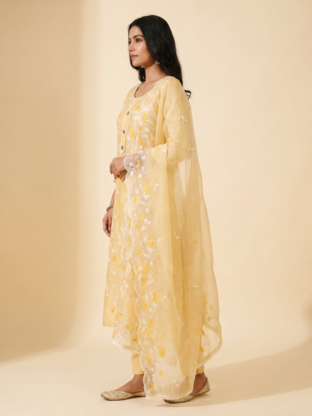 Yellow Floral Embroidered Chanderi Silk Dress Material - Image 3
