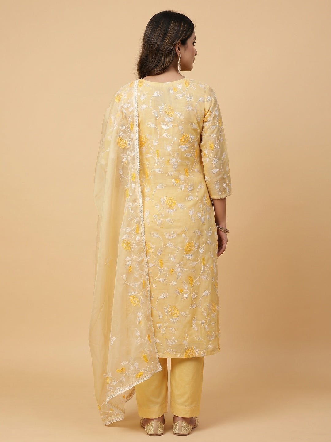 Yellow Floral Embroidered Chanderi Silk Dress Material - Image 2