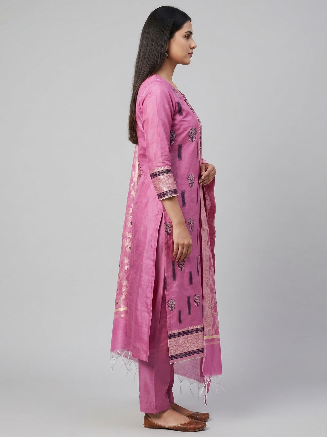 Pink Floral Woven With Handwork Chanderi Silk Dress Material - Image 3