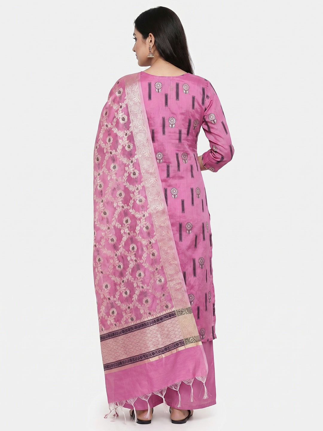 Pink Floral Woven With Handwork Chanderi Silk Dress Material - Image 2