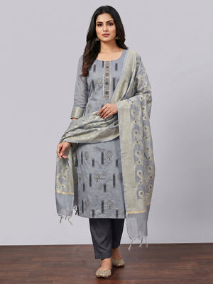 Grey Floral Woven With Handwork Chanderi Silk Dress Material - Image 1