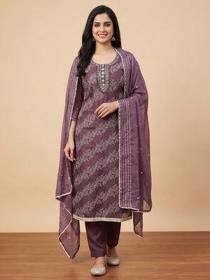Wine Sequins Embroidery With Handwork Organza Dress Material - Image 1