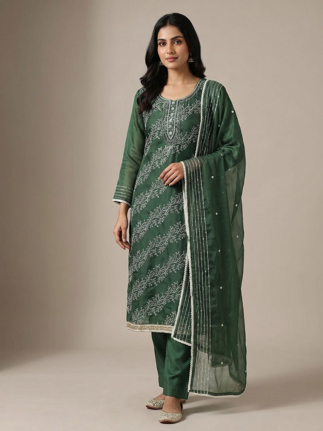 Bottle Green Sequins Embroidery With Handwork Organza Dress Material - Image 1