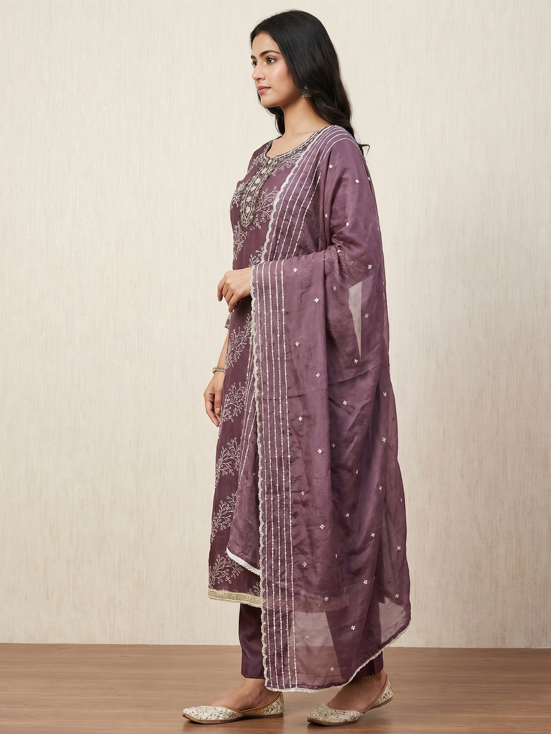 Wine Sequins Embroidery With Handwork Organza Dress Material - Image 3