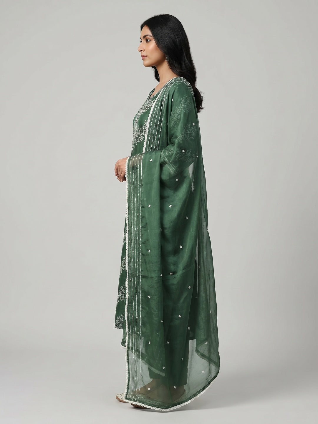 Bottle Green Sequins Embroidery With Handwork Organza Dress Material - Image 2