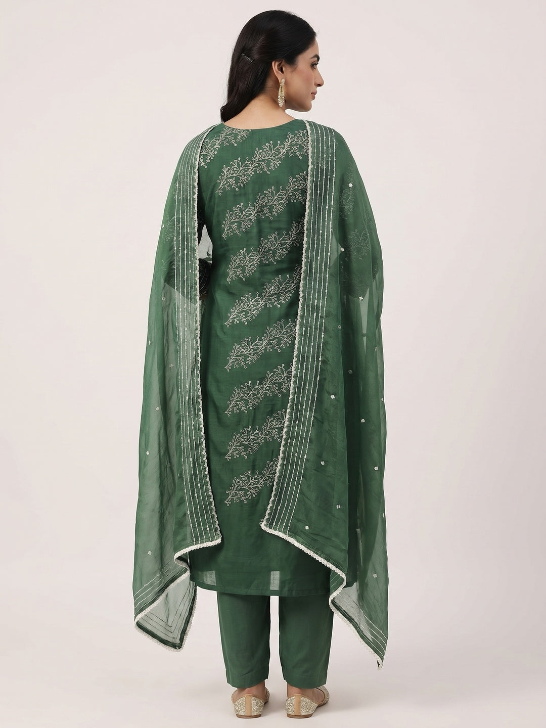 Bottle Green Sequins Embroidery With Handwork Organza Dress Material - Image 3