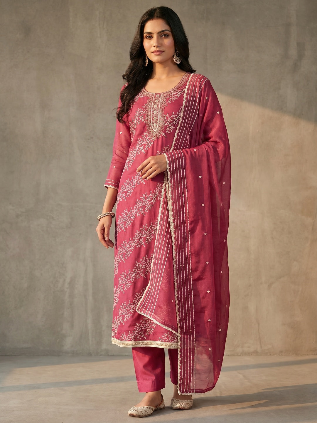 Pink Sequins Embroidery With Handwork Organza Dress Material - Image 1
