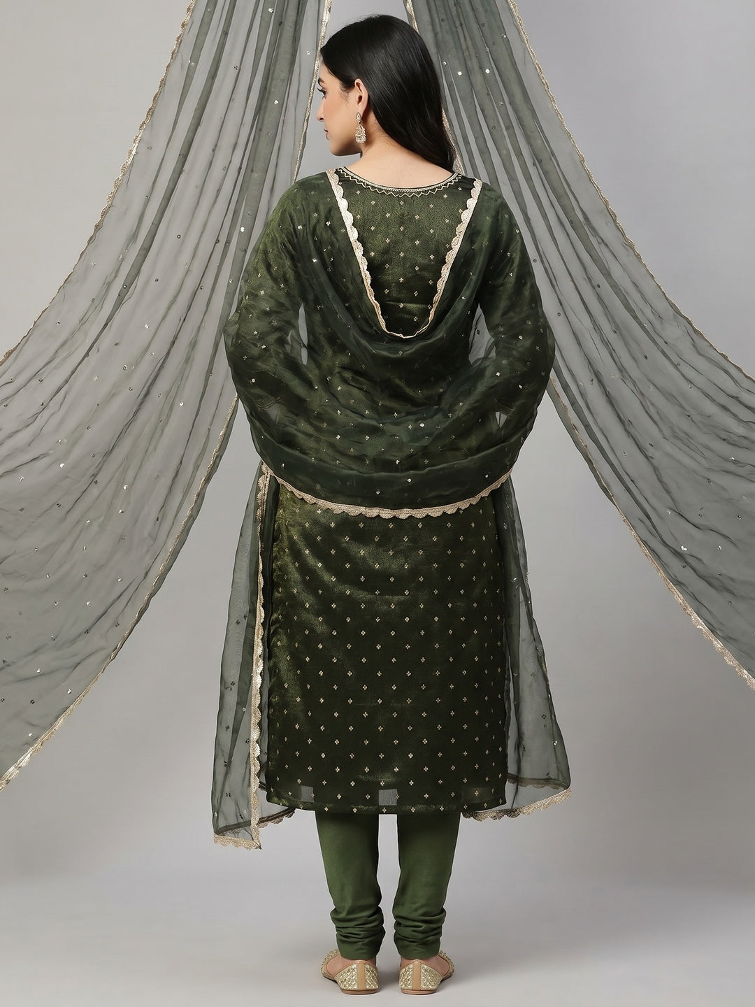 Green Woven With Handwork Organza Dress Material - Image 2