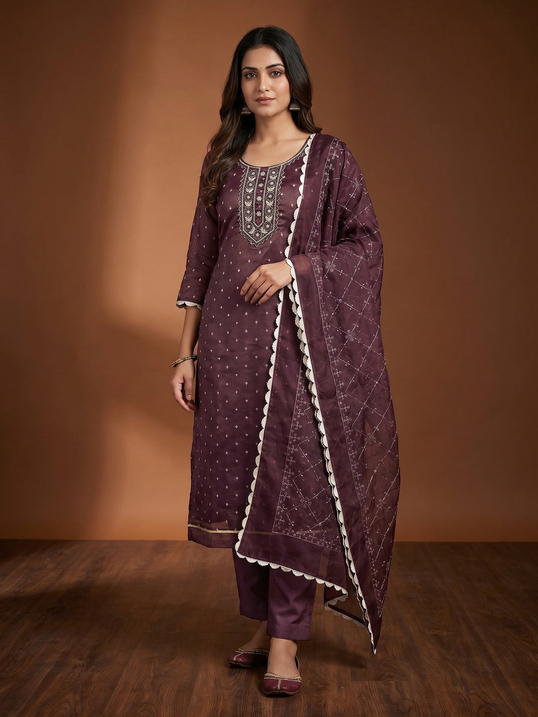 Wine Woven With Handwork Organza Dress Material - Image 1