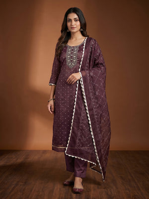 Wine Woven With Handwork Organza Dress Material - Image 1