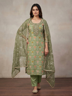 Green Digital Printed With Hand Embroidered Organza Dress Material - Image 1