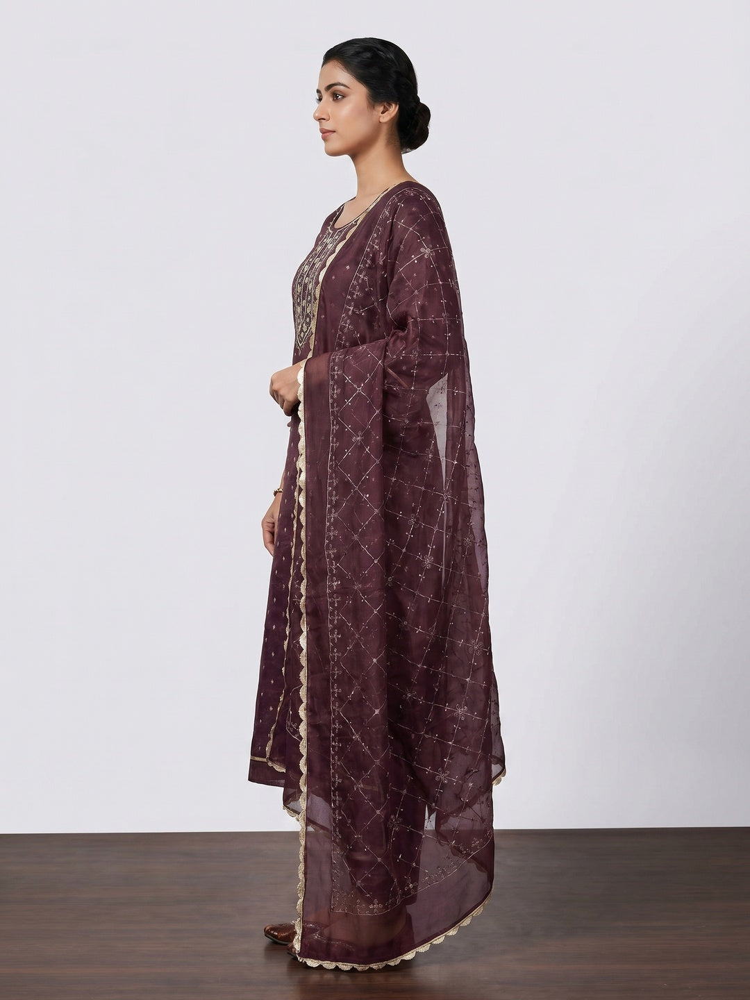 Wine Woven With Handwork Organza Dress Material - Image 3