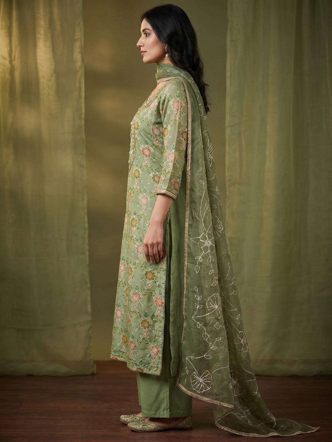 Green Digital Printed With Hand Embroidered Organza Dress Material - Image 2