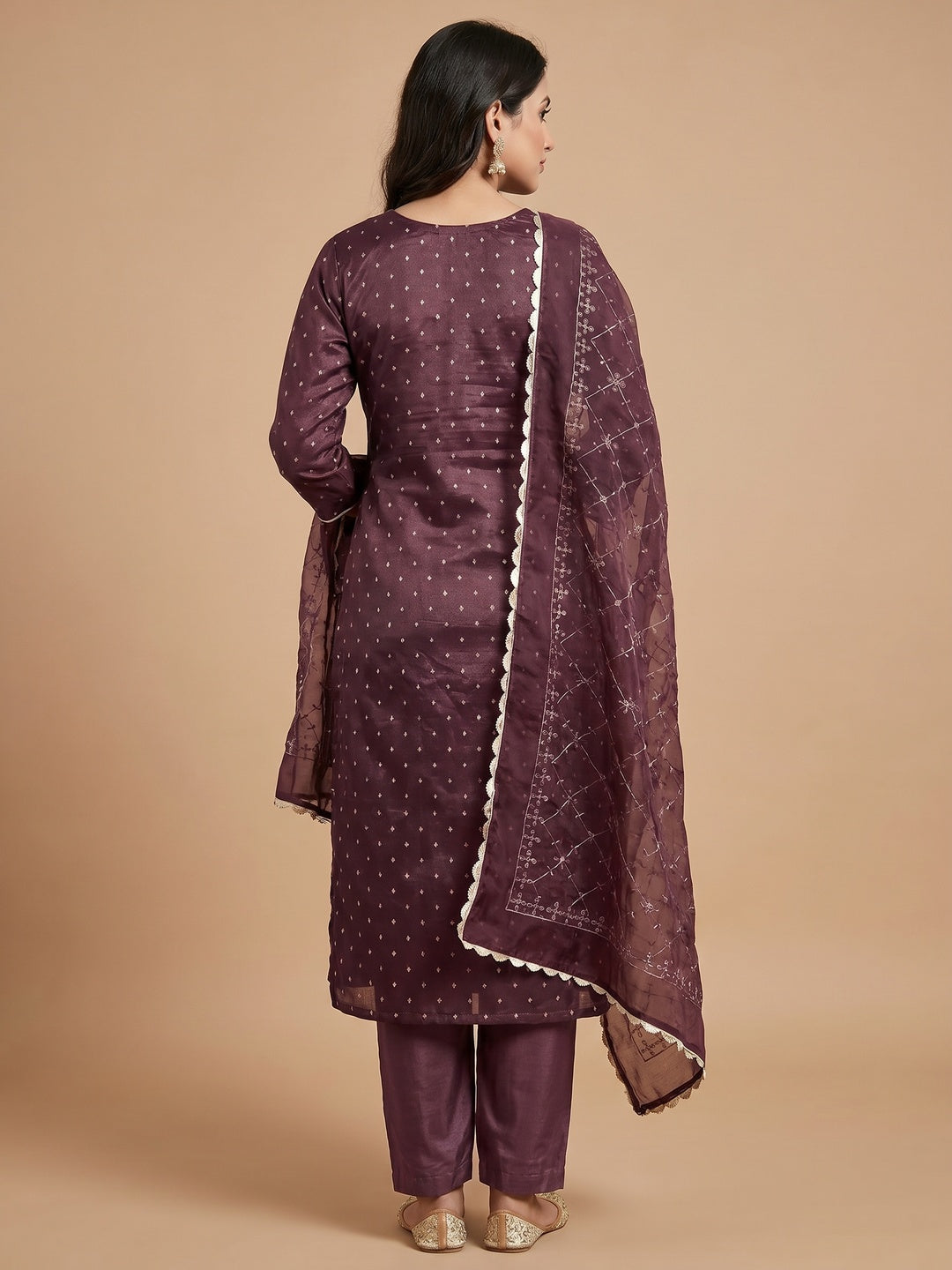 Wine Woven With Handwork Organza Dress Material - Image 2