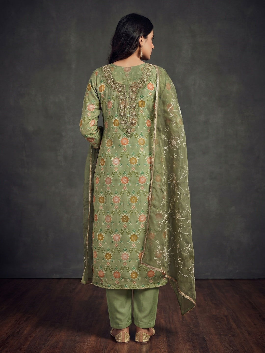 Green Digital Printed With Hand Embroidered Organza Dress Material - Image 3