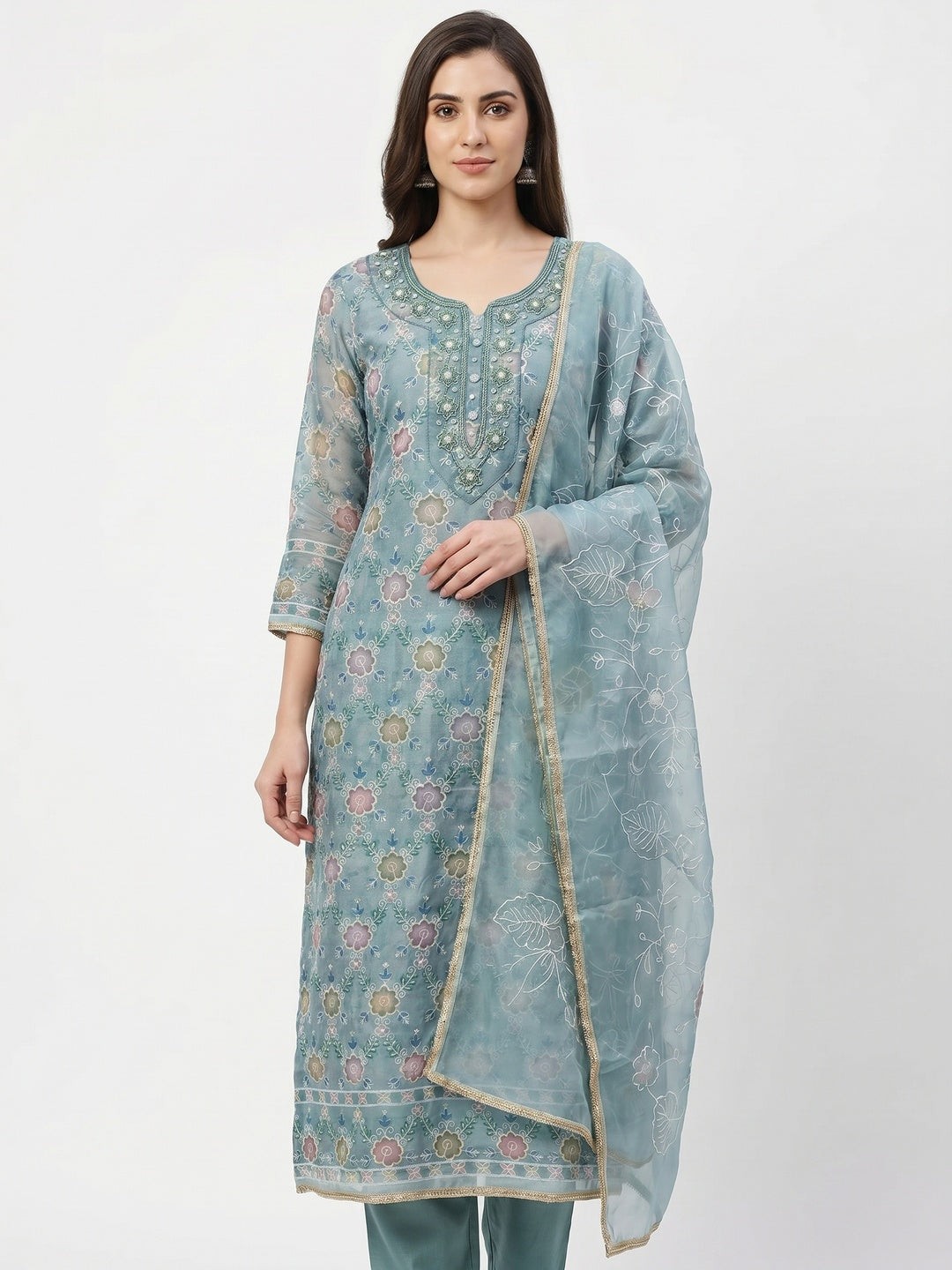 Blue Digital Printed With Hand Embroidered Organza Dress Material - Image 1