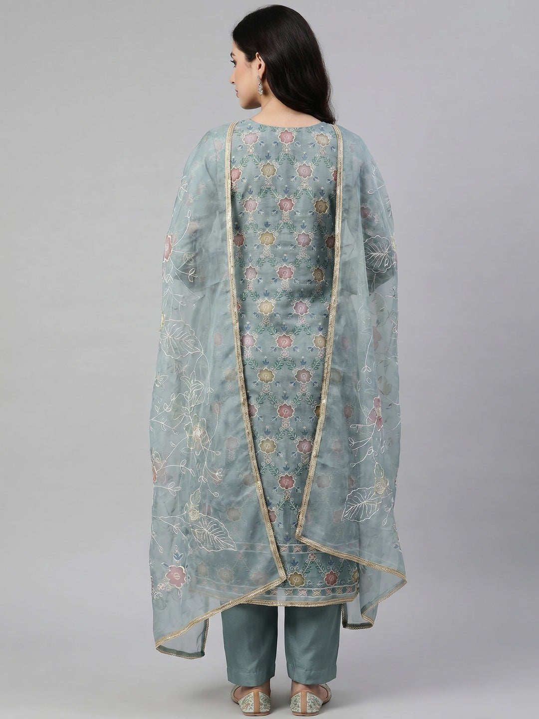Blue Digital Printed With Hand Embroidered Organza Dress Material - Image 2