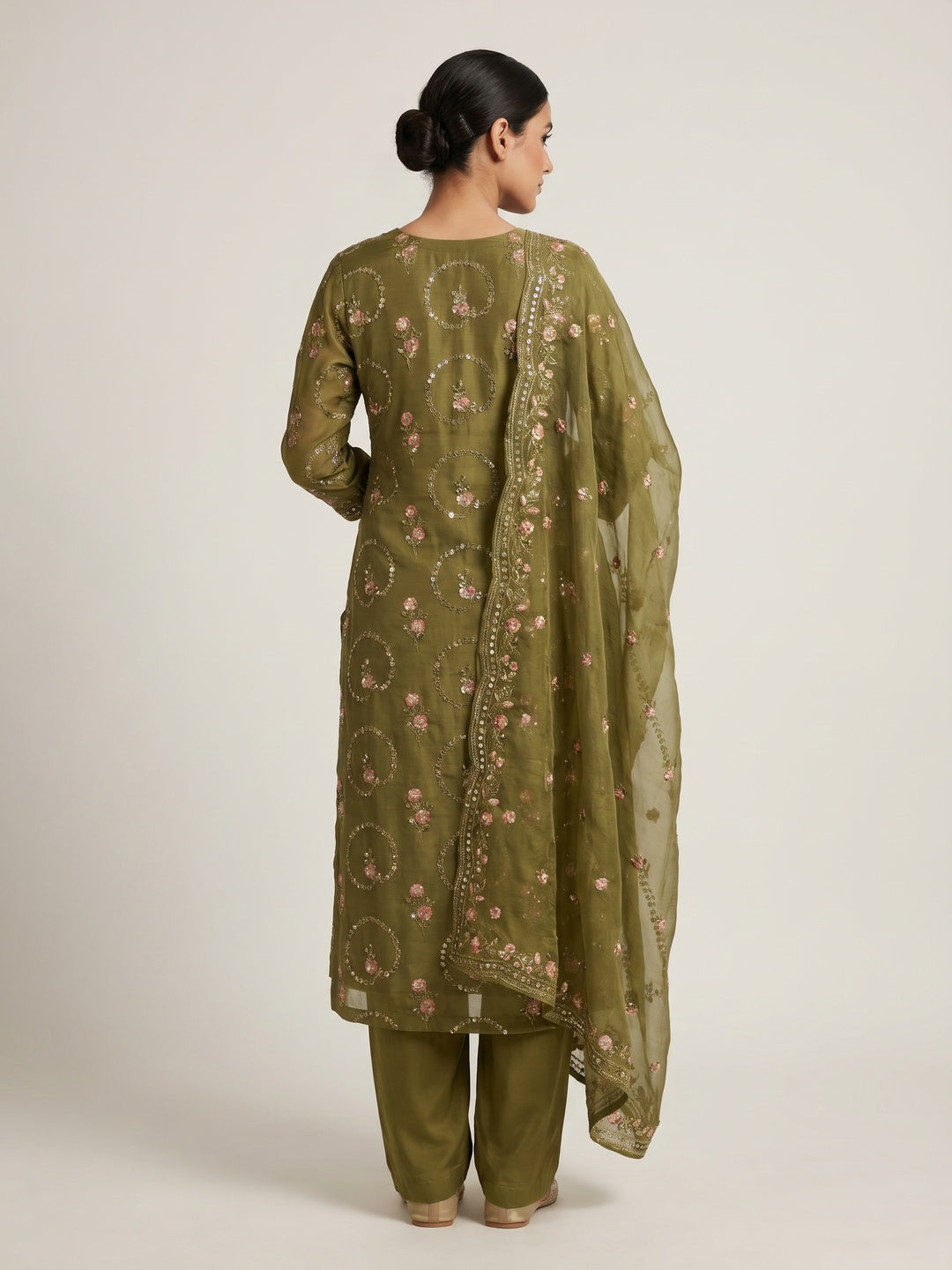 Olive Sequins Embroidery With Handwork Organza Dress Material - Image 2