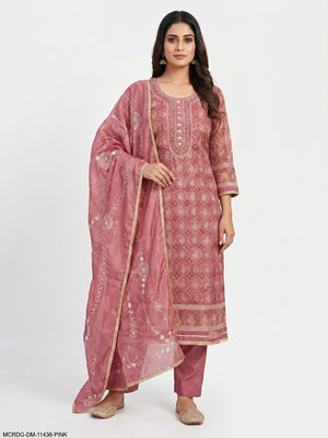 Pink Sequins Embroidery With Handwork Organza Dress Material - Image 1