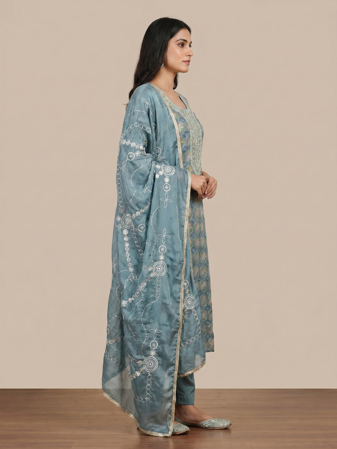 Blue Sequins Embroidery With Handwork Organza Dress Material - Image 2