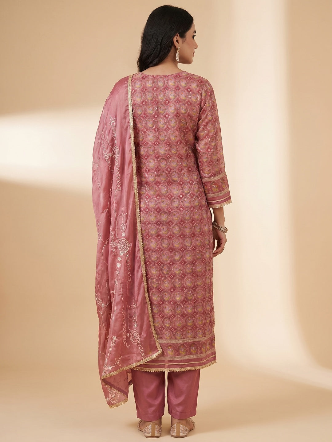 Pink Sequins Embroidery With Handwork Organza Dress Material - Image 3