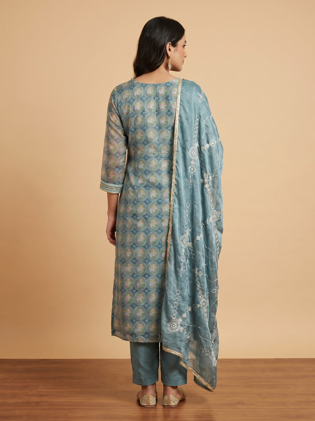 Blue Sequins Embroidery With Handwork Organza Dress Material - Image 3
