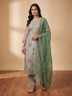 Light Grey Hand Embroidery With Digital Printed Organza Dress Material - Image 1