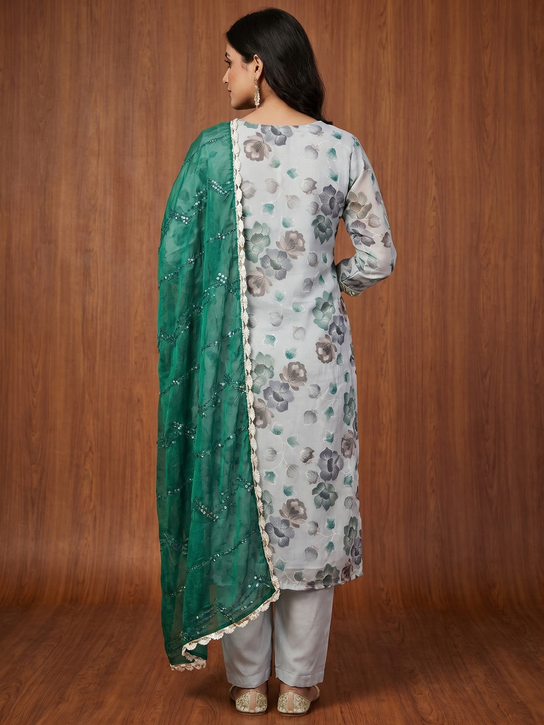 Light Grey Hand Embroidery With Digital Printed Organza Dress Material - Image 3