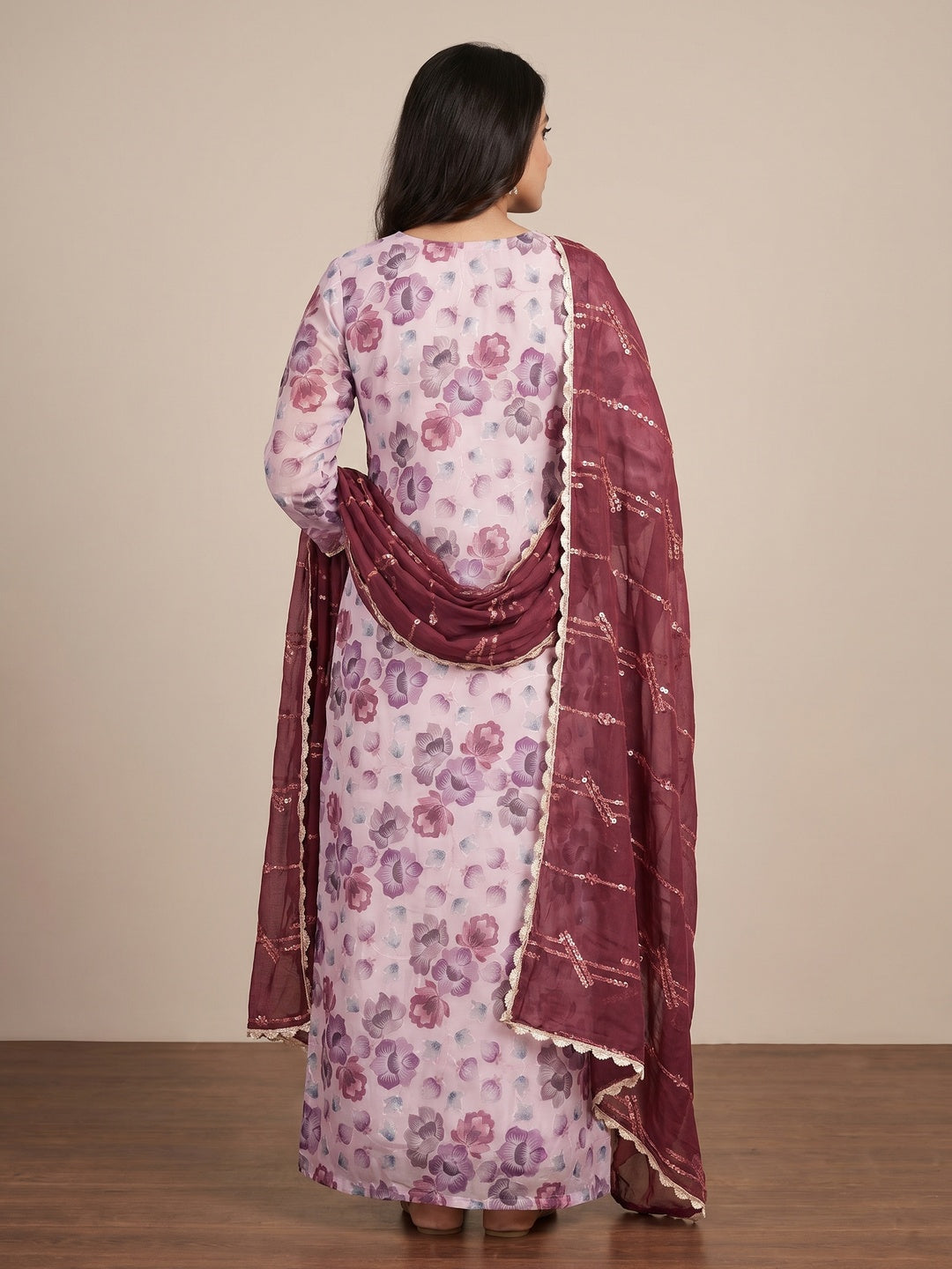 Light Pink Hand Embroidery With Digital Printed Organza Dress Material - Image 2