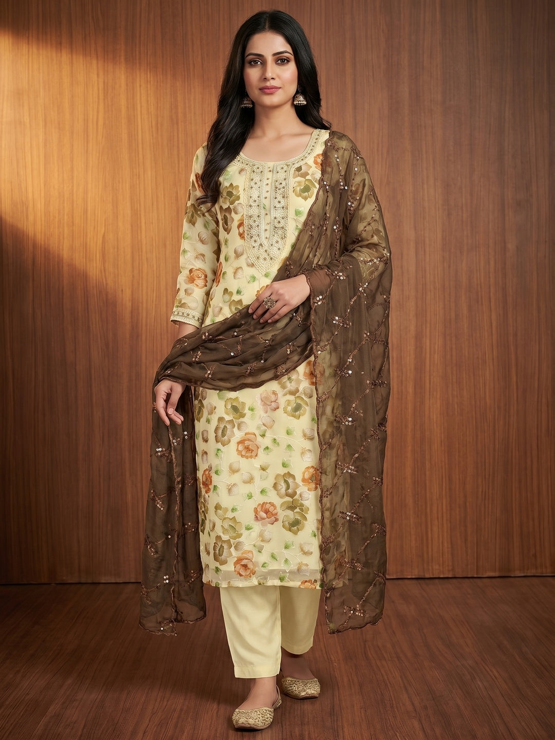 Light Yellow Hand Embroidery With Digital Printed Organza Dress Material - Image 1
