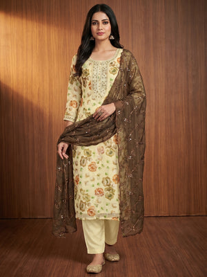Light Yellow Hand Embroidery With Digital Printed Organza Dress Material - Image 1