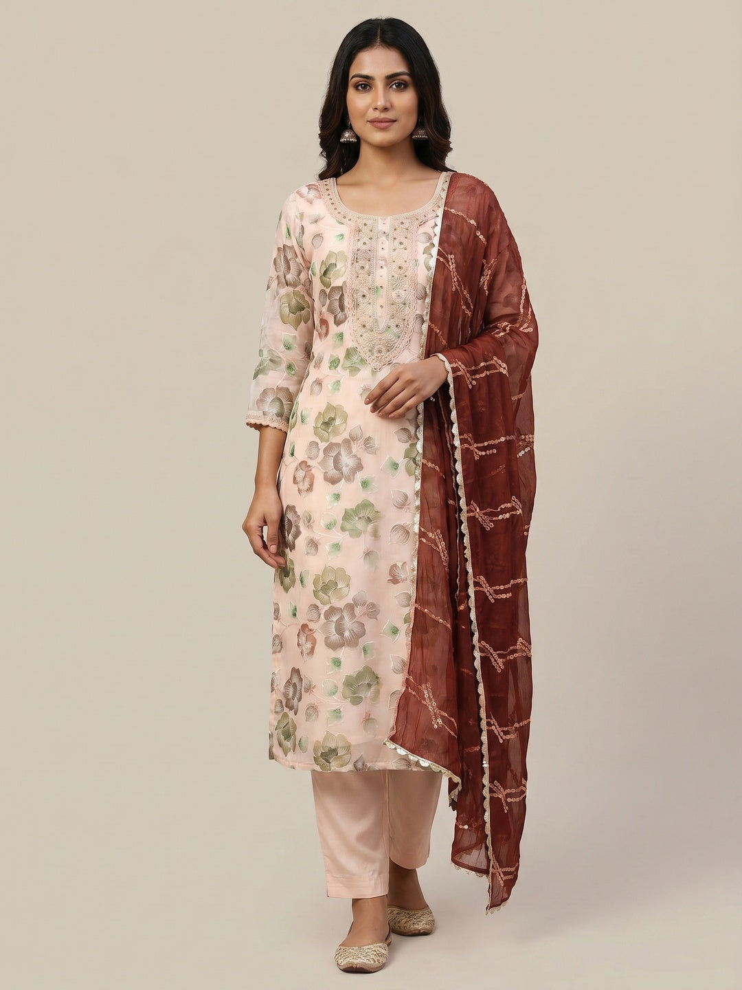 Light Peach Hand Embroidery With Digital Printed Organza Dress Material - Image 1