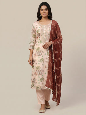 Light Peach Hand Embroidery With Digital Printed Organza Dress Material - Image 1
