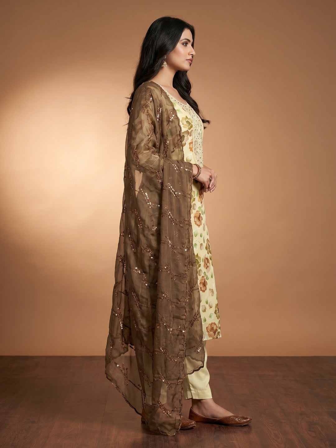 Light Yellow Hand Embroidery With Digital Printed Organza Dress Material - Image 2