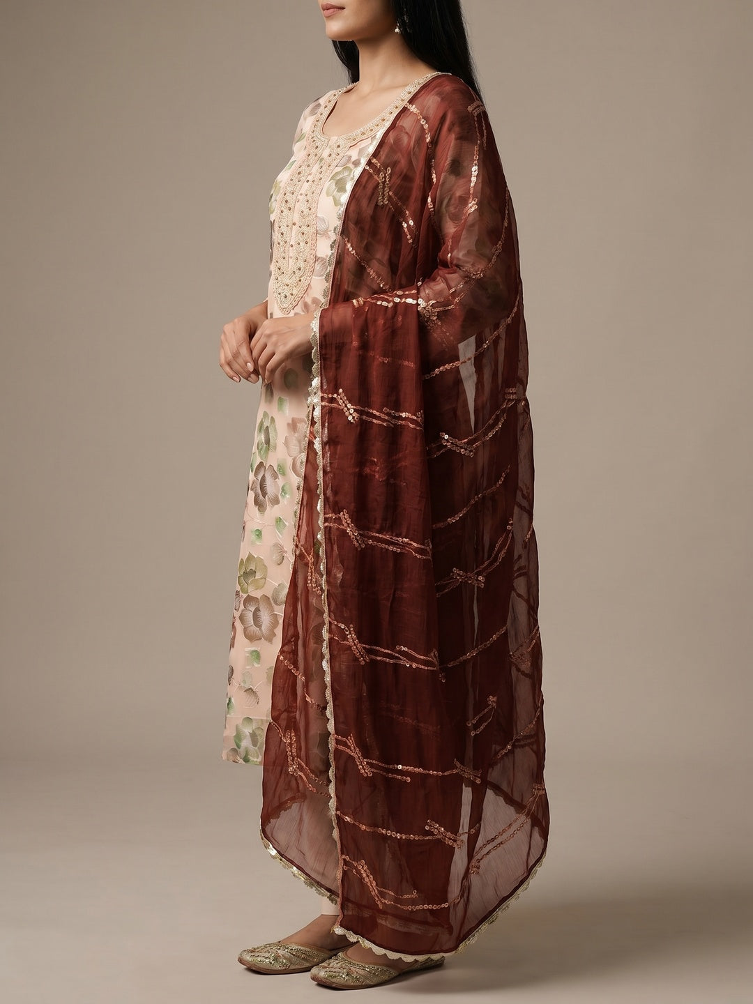 Light Peach Hand Embroidery With Digital Printed Organza Dress Material - Image 3
