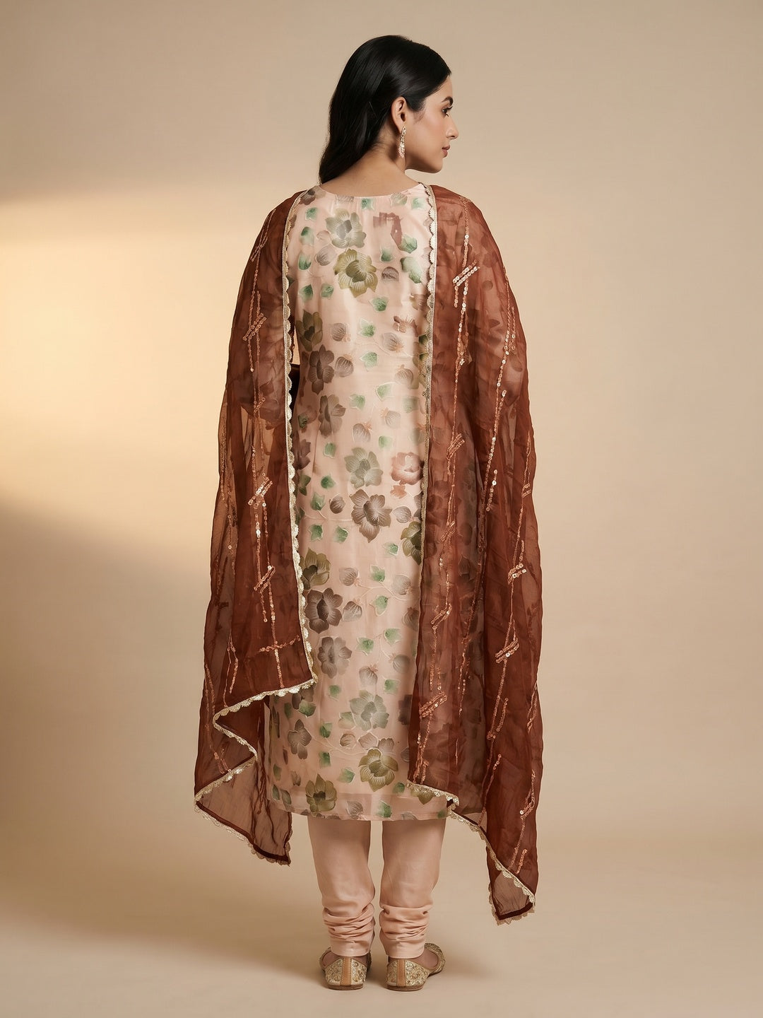 Light Peach Hand Embroidery With Digital Printed Organza Dress Material - Image 2