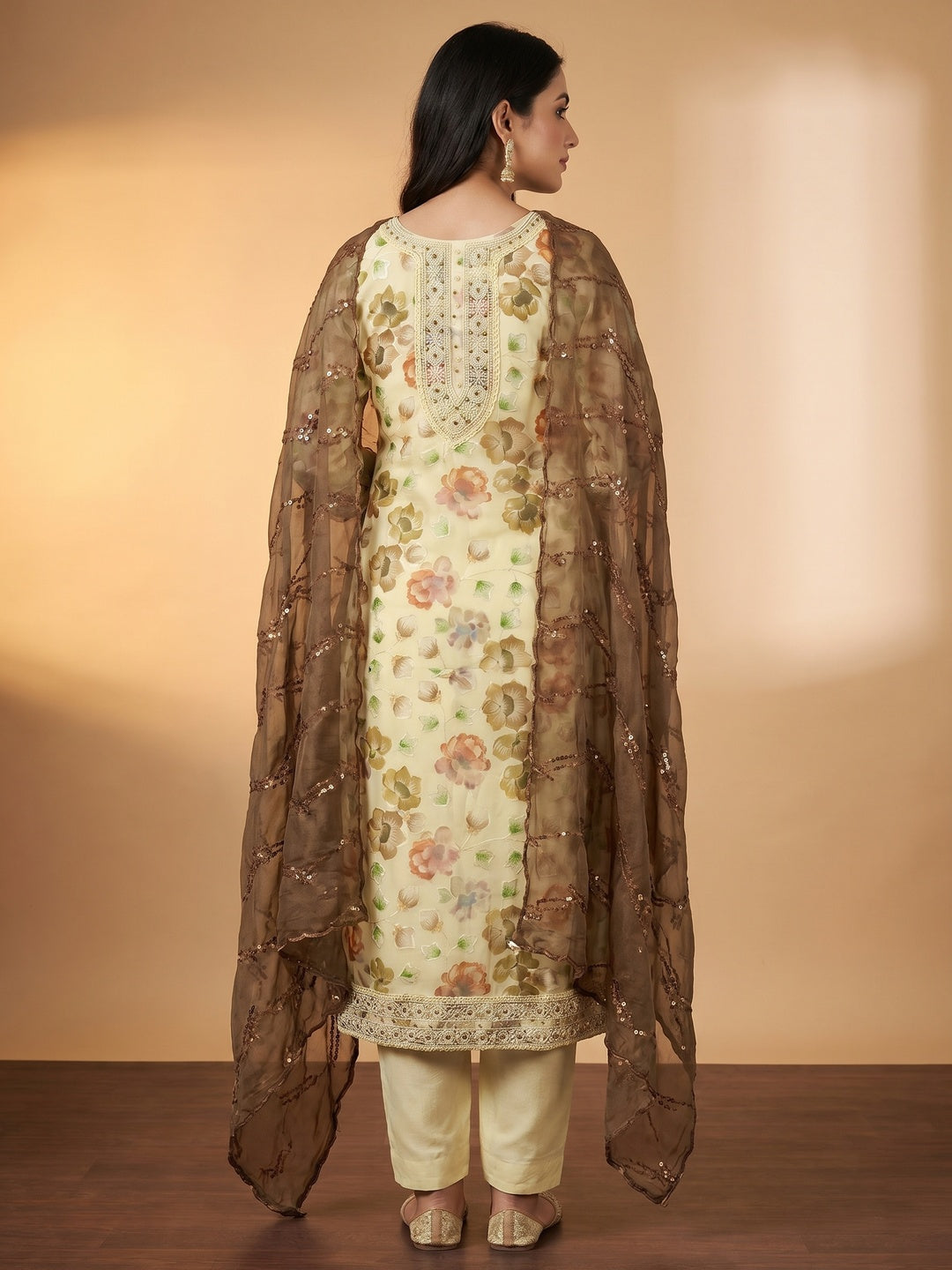 Light Yellow Hand Embroidery With Digital Printed Organza Dress Material - Image 3
