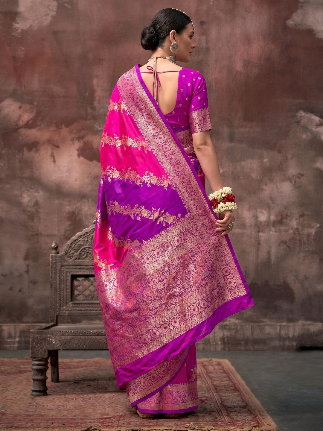 Magenta Floral Woven Art Silk Saree With Tassels - Image 1