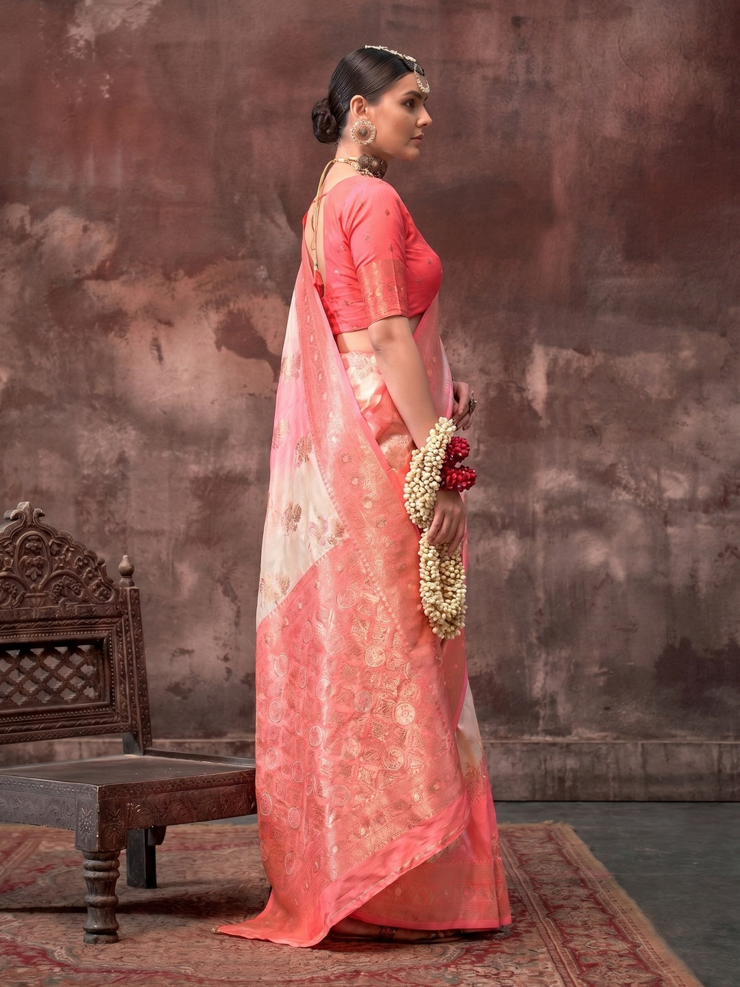 Peach Floral Woven Art Silk Saree With Tassels - Image 1