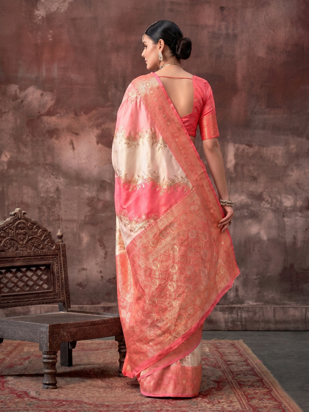 Peach Floral Woven Art Silk Saree With Tassels - Image 2