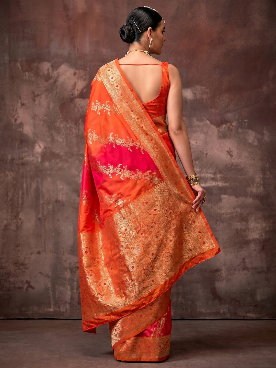 Orange Floral Woven Art Silk Saree With Tassels - Image 1