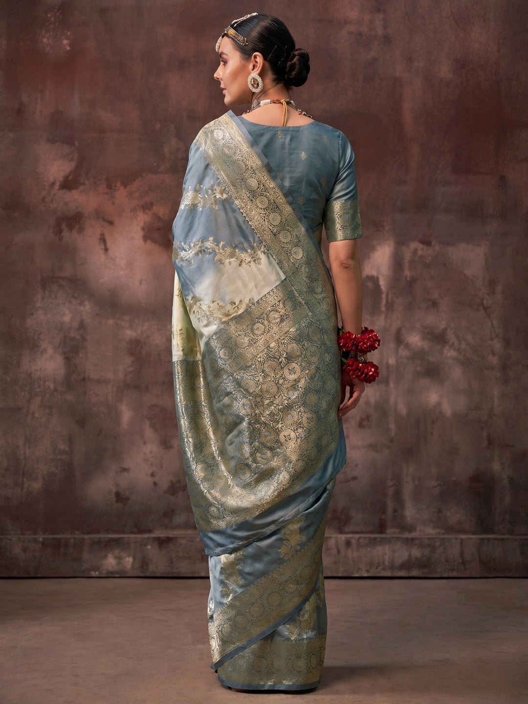 Grey Floral Woven Art Silk Saree With Tassels - Image 1