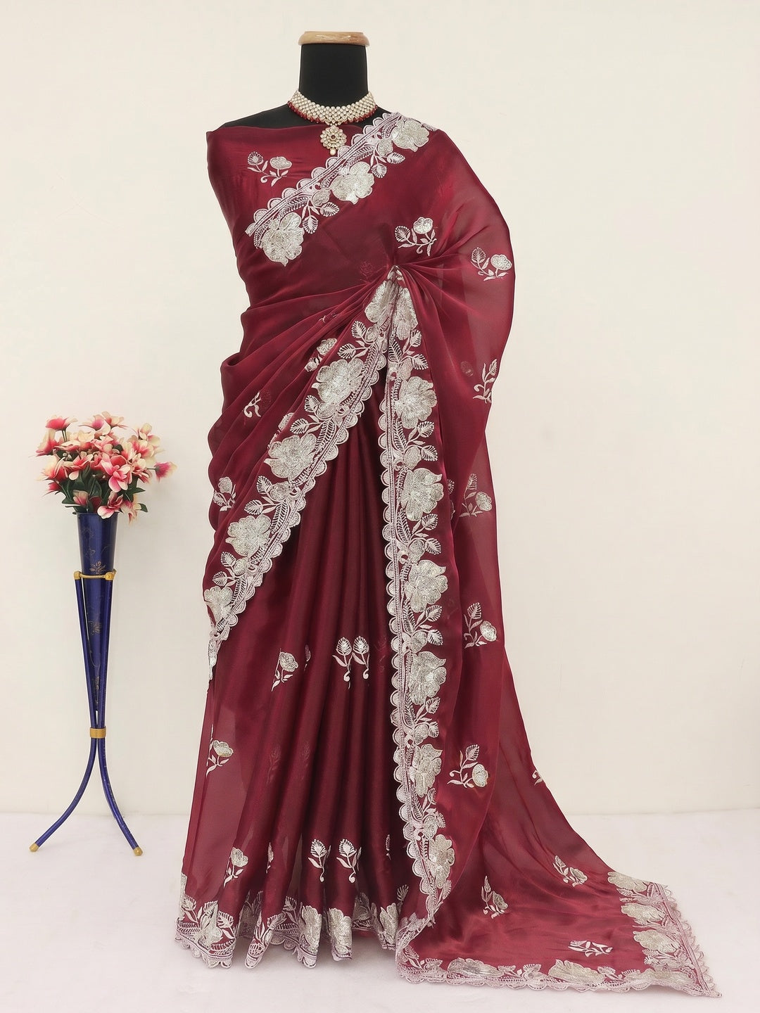 Maroon Floral Embroidered Satin Saree - Image 1