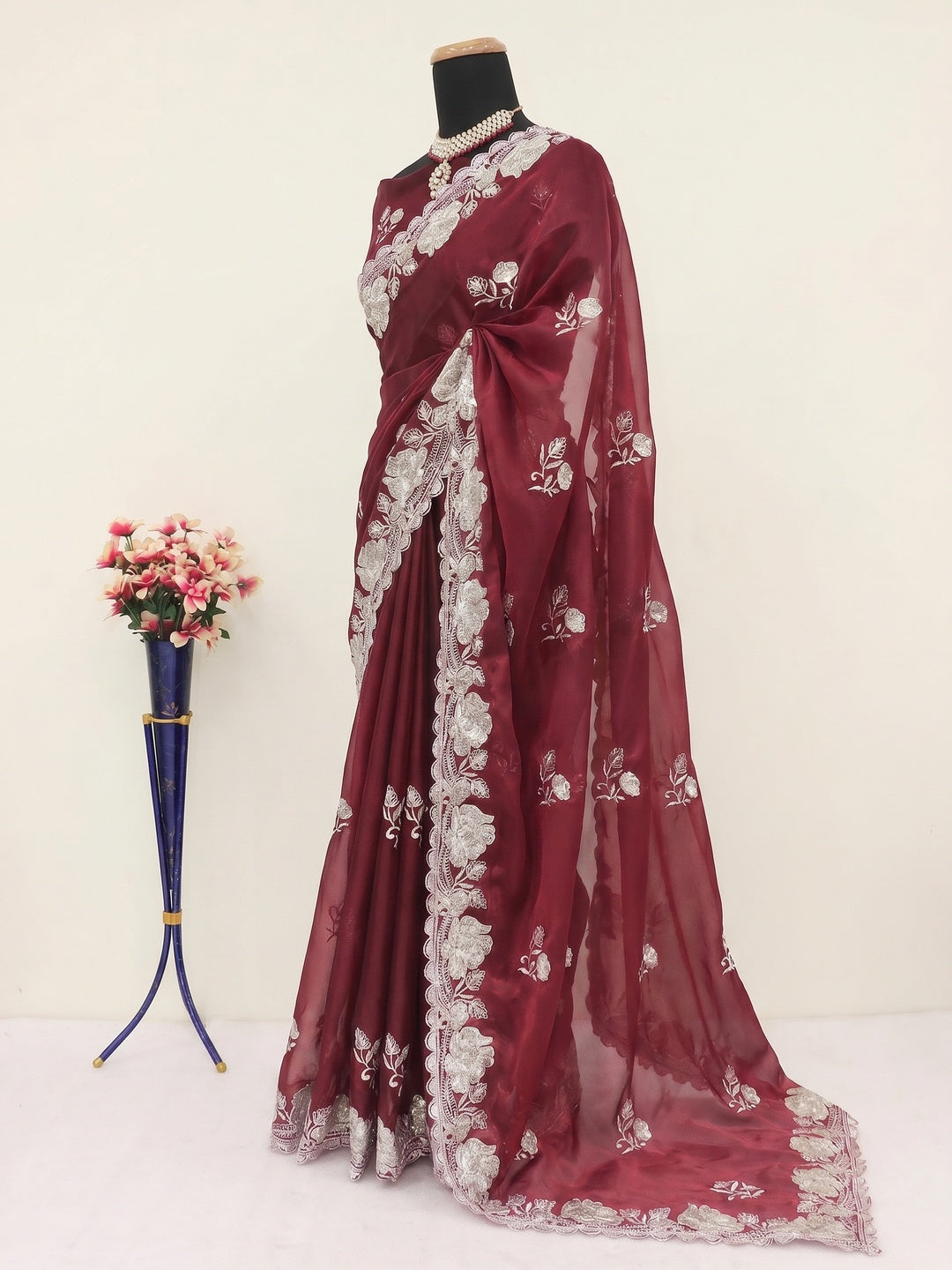 Maroon Floral Embroidered Satin Saree - Image 3
